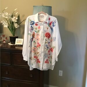 Johnny Was-Floral Embroidered White Button-Up Shirt, NWOT